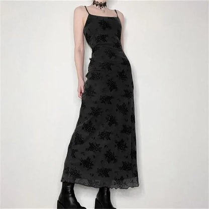 Robe d'été noire gothique pour femmes, streetwear, lolita, imprimé floral, sans manches, maille, patchwork, robe sexy, soirée, club, robes élégantes