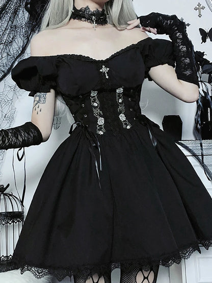 Robe mini gothique Lolita foncée pour femme, style grunge, style trapèze, bandage noir, corset, broderie, vêtements alternatifs, style gothique, Lolita Mall