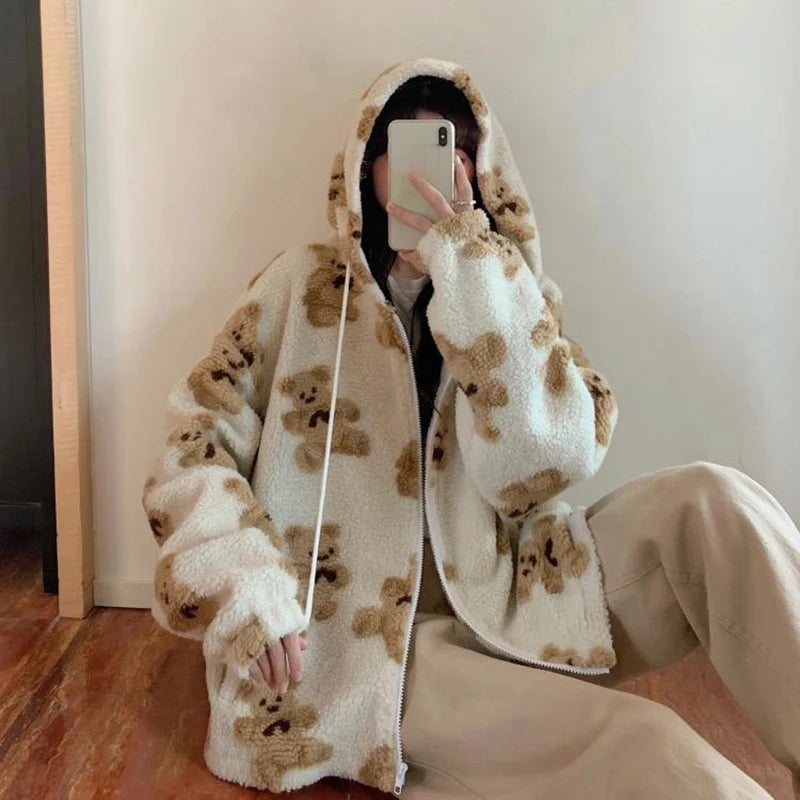 Veste en peluche imprimée en forme de cœur Harajuku pour femme, manteau d'hiver coréen à manches longues avec fermeture éclair et capuche, épais et chaud pour couple, streetwear