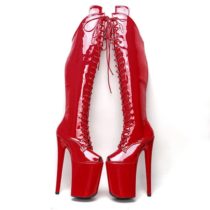 Leecabe 23CM/9 zoll Rot farbe Patent PU Oberen mode dame kleine offene spitze High Heel plattform Pole Dance stiefel