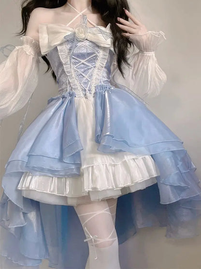 Lolita-Op im französischen romantischen Stil, elegantes Mädchen, Cosplay, Prinzessin, Puffärmel, Schleife, Schleife, Blumentunika, Netz, fantastisches Feenkleid