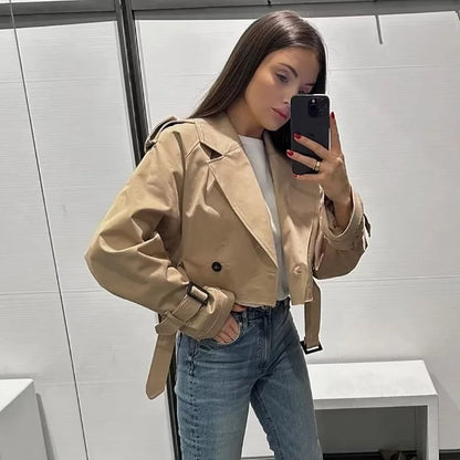 Gürtel Cropped Trench Jacke Frauen Herbst Mode Vintage Streetwear Zweireiher Langarm Top Weibliche Chic Dame Mantel Outfits