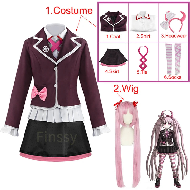 Danganronpa Utsugi Kotoko Cosplay Costume Anime Cosplay Perruque Rose Vêtements Y Compris Chaussettes Chemise Cravate Coiffe De Démon