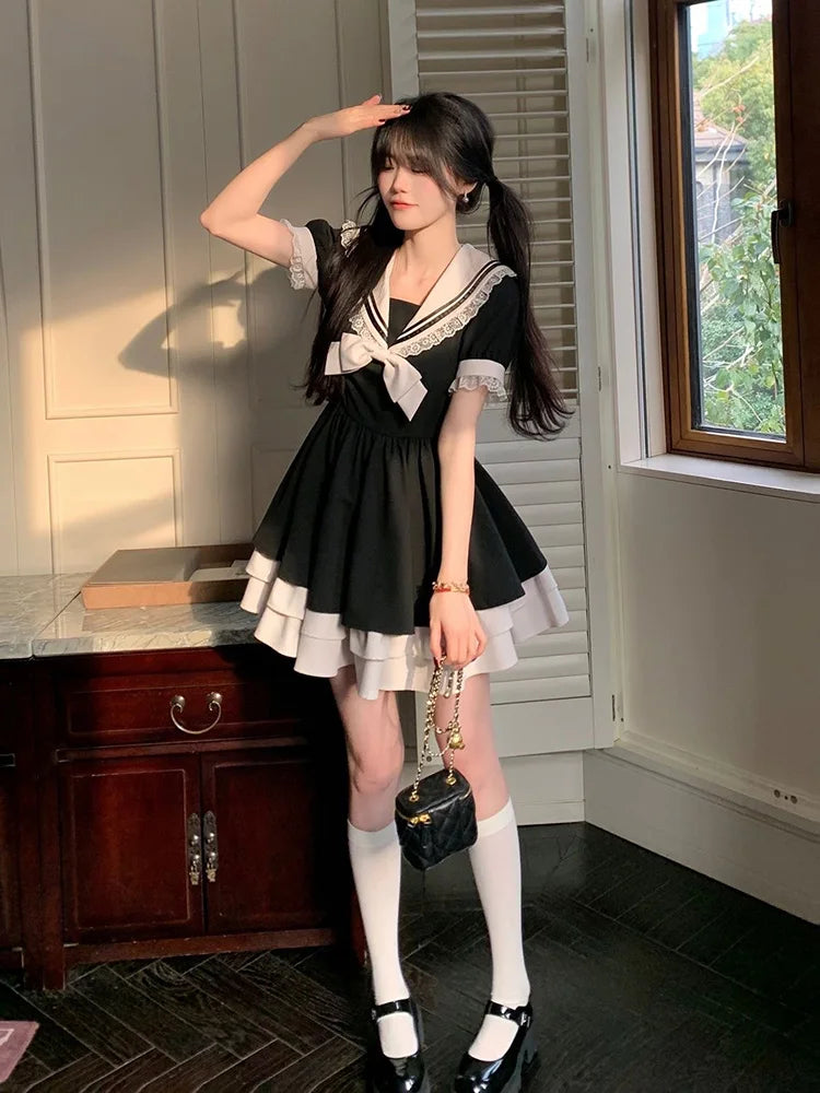 Schwarzes Kleid Damen Schleife Japanisches süßes Lolita-Kleid Damen Süße Spitze Puffärmel Studentenkleider Party Matrosenkragen Kawaii Kleid