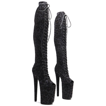 Leecabe 23CM/9 zoll Leopard print Oberen kleine offene spitze mode dame High Heel plattform Pole Dance stiefel