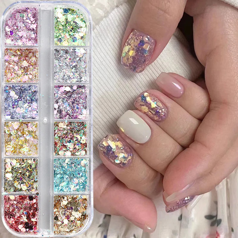 12 grilles Aurora Iridescent Mixte Hexagone Paillettes Paillettes Holo Flocons Nail Art Poudre Gel Vernis Manucure Décorations