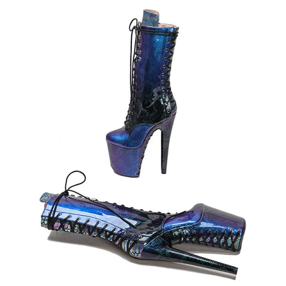 Leecabe 20CM/8Inch glänzendes Schlangenhautmaterial mit Schnürsohle und Obermaterial High Heels Pole Dance Stiefel