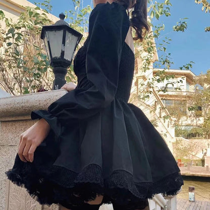 Long Sleeves Lolita Black Dress Goth Aesthetic Puff Sleeve High Waist Vintage Bandage Lace Trim Party Gothic Clothes Dress Woman