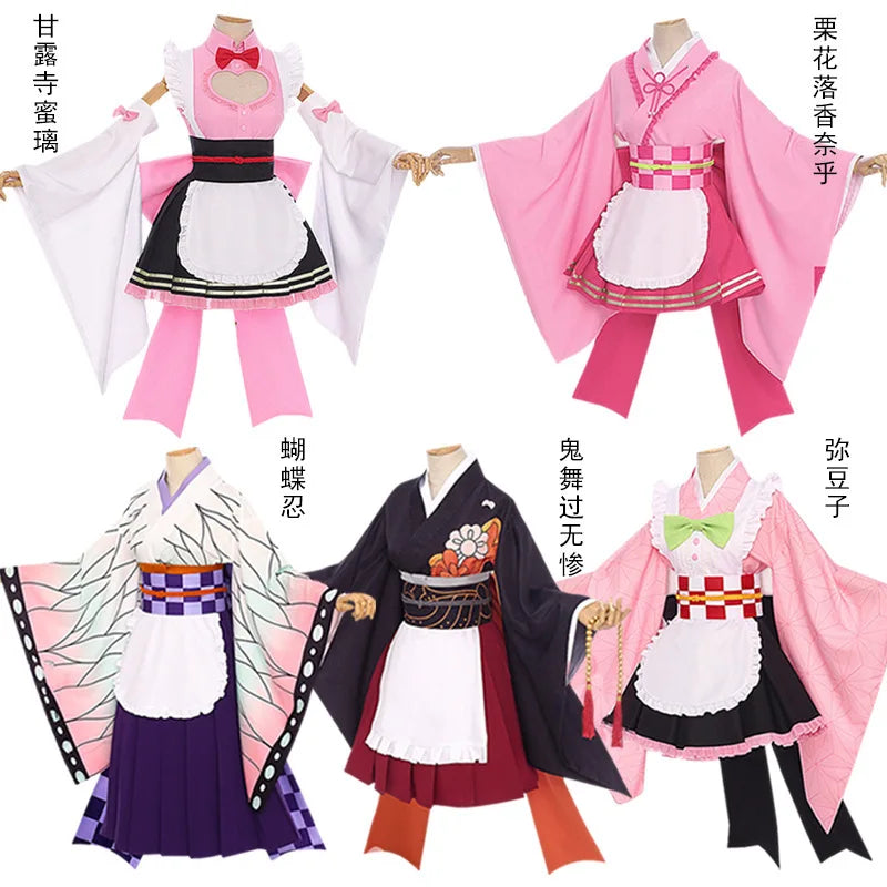 Anime Cosplay Kostüm Kanroji Mitsuri Kibutsuji Kimono Klinge Kochou Shinobu Kamado Nezuko Dienstmädchen Uniformen Cosplay Kleid ein Set