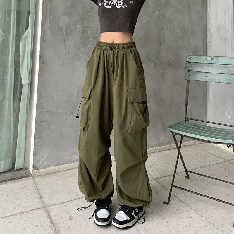 Pantalon cargo ample à jambe large Y2k pour femme, jogging décontracté, couleur unie, taille haute, avec cordon de serrage, streetwear, pantalon de survêtement ample