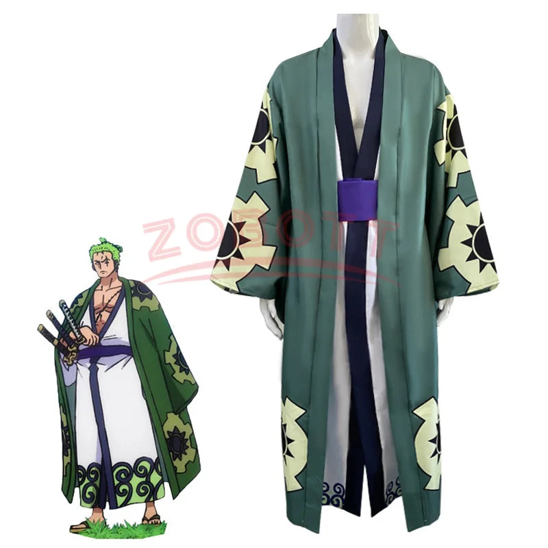 Cosplay Anime One Piece Wano Country Roronoa Zoro Cosplay Kostüm Grüner Kimono Outfit Halloween Karneval Party Kostüm Umhang