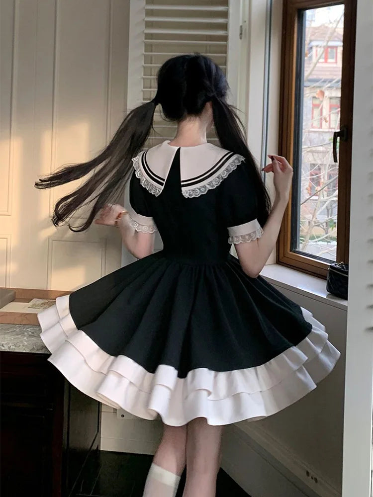 Schwarzes Kleid Damen Schleife Japanisches süßes Lolita-Kleid Damen Süße Spitze Puffärmel Studentenkleider Party Matrosenkragen Kawaii Kleid