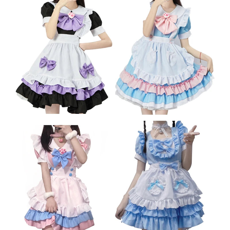 4 styles Anime Maid Lolita Cosplay Costume Robe rose Griffe de chat Maid Bow Cloche Collier et bas blancs