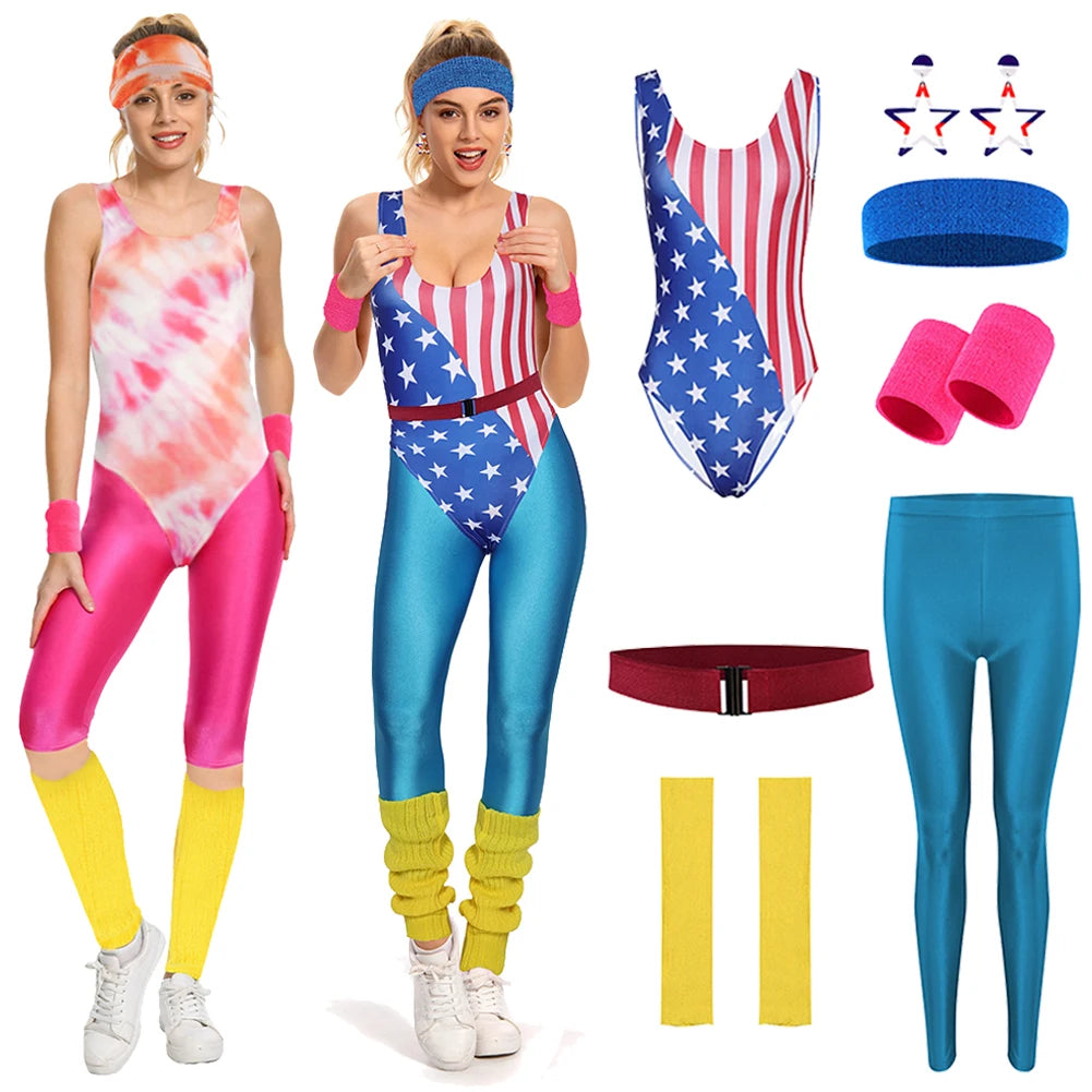 6-teiliges Retro-Cosplay-Kostüm für Damen im 80er-Jahre-Stil, bedruckt, Patchwork-Overall, Verkleidung für Erwachsene, 80er-Jahre-Party-Outfit, Halloween-Anzug