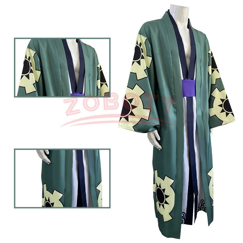 Cosplay Anime One Piece Wano Country Roronoa Zoro Cosplay Kostüm Grüner Kimono Outfit Halloween Karneval Party Kostüm Umhang