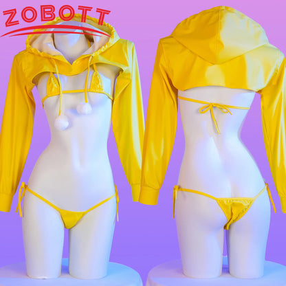 Anime Pu Leder Bikini Set Hoodie Top Cosplay Kostüm Sexy Japanische Mädchen Unterwäsche Nachthemd Rollenspiel Student Outfits Dessous