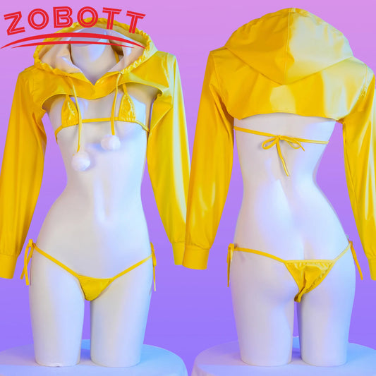 Anime Pu Leder Bikini Set Hoodie Top Cosplay Kostüm Sexy Japanische Mädchen Unterwäsche Nachthemd Rollenspiel Student Outfits Dessous