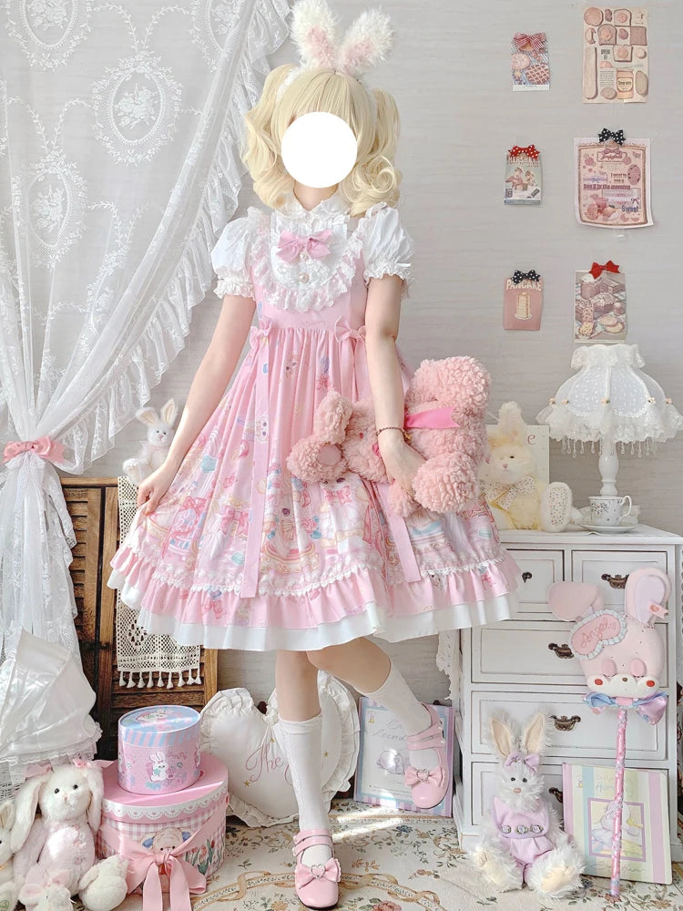 KIMOKOKM Sweet Lolita Style Col Carré Chat Impression Designer JSK Robe Nœud Sans Manches Dentelle Volants Dentelle Girly Camisole Robe