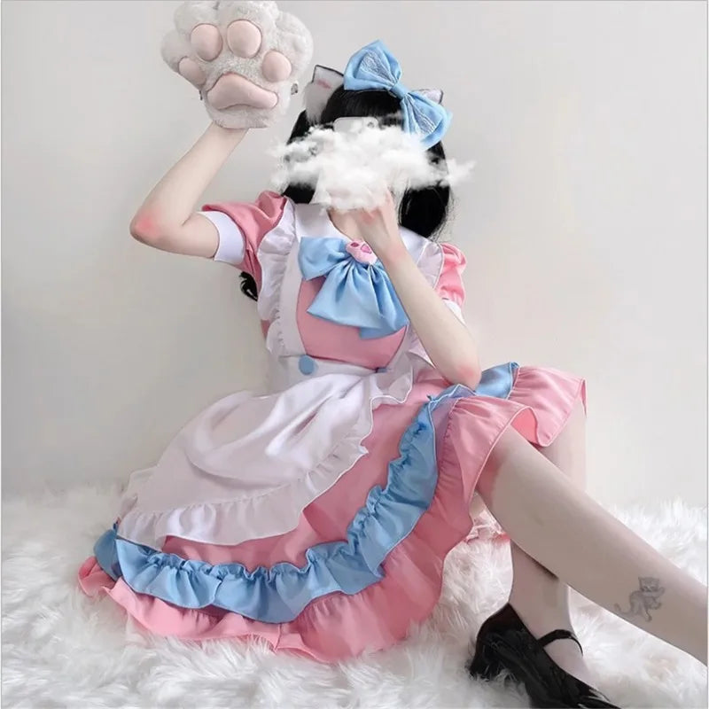 Tenue de femme de chambre Kawaii Lolita Anime Tenue de femme de chambre Cosplay rose + bleu Costume de jupe Lolita Costume de cosplay japonais mignon Tenue d'anime