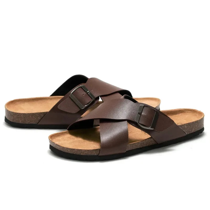 CEVABULE Herren-Sandalen mit gekreuzten Riemen und Kork-Sandalen, Strand, lässig, mit Kippfunktion, Herrenschuhe, Braun, KWN