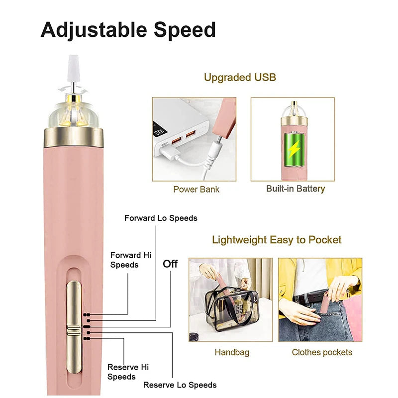 Perceuse à ongles électrique 5 en 1 avec lumière, mini stylo de manucure électrique portable, outils pour enlever le gel