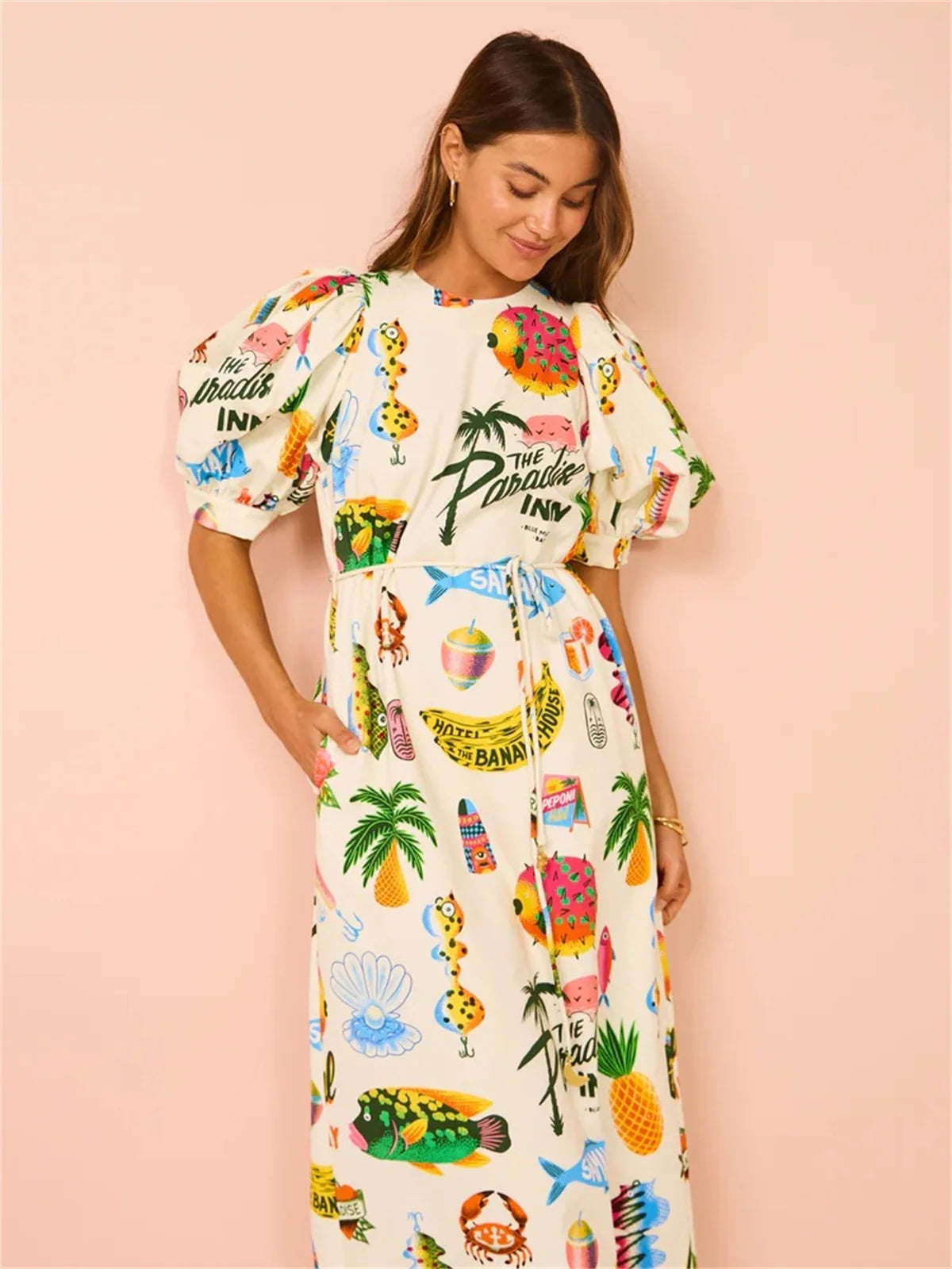 O-Neck Printed Bubble Sleeve Dress Tie Slit Fashion Dresses Women's Summer New Beach Vacation Bohemian Long Vestidos Loose Robes