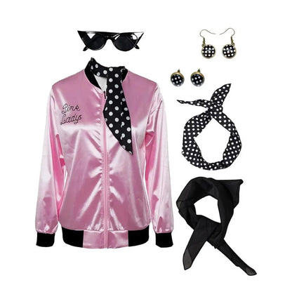 Pink Ladies Grease Cosplay Costume Kids Adult Retro Jacket Fancy Cheerleader Disguise For Women Autumn Coat Halloween Party Suit