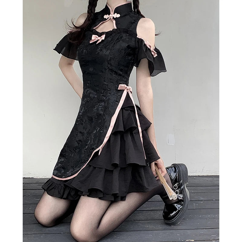 Kwawaii Women Dress Vintage Cheongsam Sweet Slim Y2K Lolita Gothic Girls Casual New Fashion Harajuku Sexy Aesthetic Female Dress