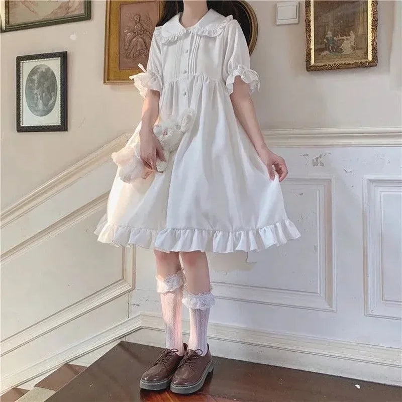 Japanese Sweet Girl Lolita Dress White 2021 Summer Kawaii Peter Pan Collar Cute Ruffle Puff Sleeve Drees Elegant Lady Dresses