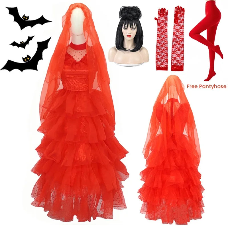 Käferbraut Lydia Deetz Cosplay Kostüm Lydia Rotes Hochzeitskleid Abendkleid für Halloween Gothic Outfits