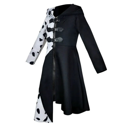 Costume Cruella Deville pour filles, combinaison dalmate noire, robe de fête d'Halloween, cosplay, pour filles de 4 à 12 ans