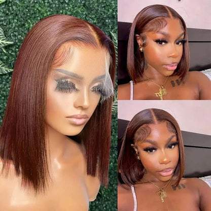 Perruque Lace Front Wig Bob Cheveux Humains Marron 13x4 Droite 180% Densité Complète HD Transparente Perruques Lace Front Wig Bob Hair