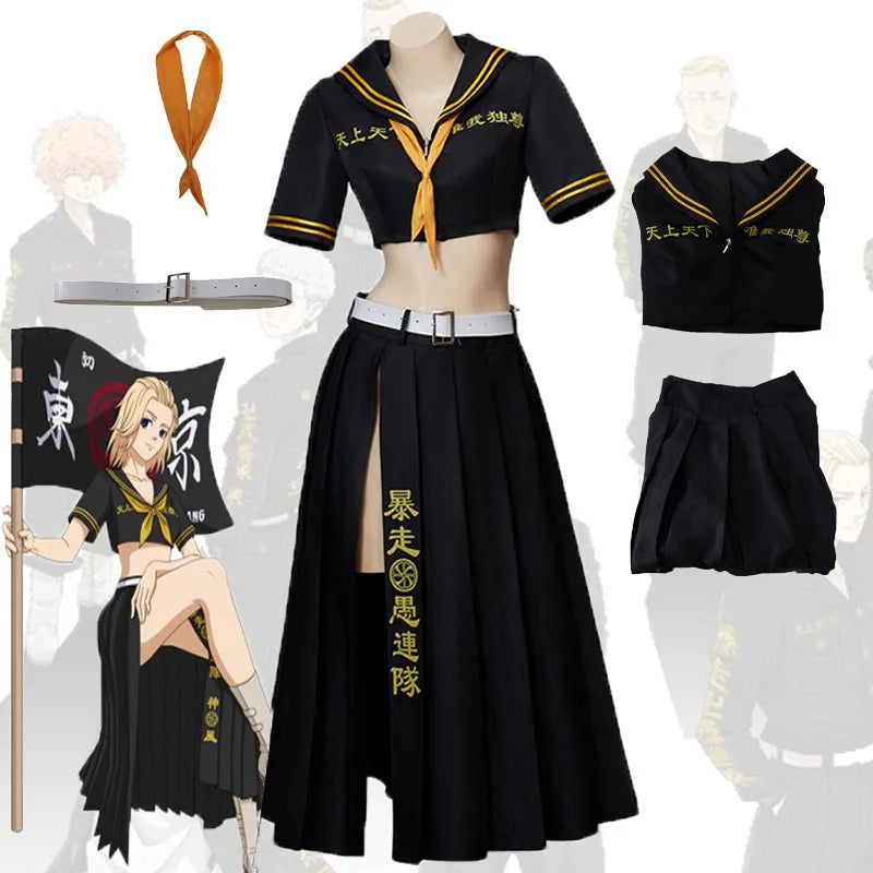 Anime Manjiro Sano Cosplay Kostüm Tokyo Revengers Schwarz Sexy Top Röcke JK Uniform Sailor Frauen Halloween-Party Kleidung Anzug