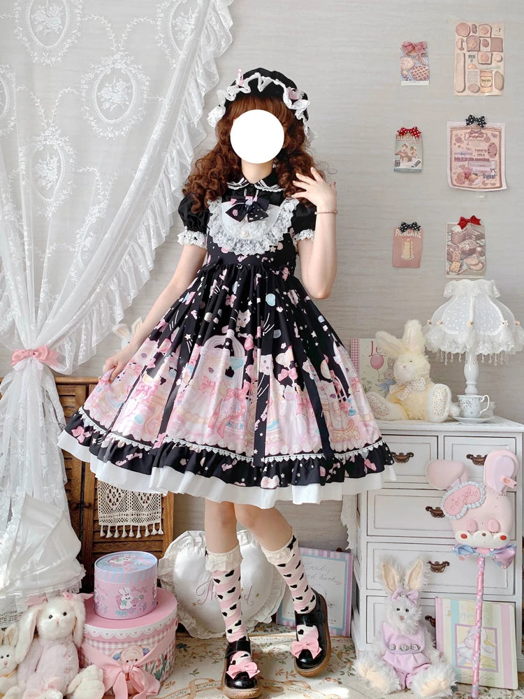 KIMOKOKM Sweet Lolita Style Col Carré Chat Impression Designer JSK Robe Nœud Sans Manches Dentelle Volants Dentelle Girly Camisole Robe