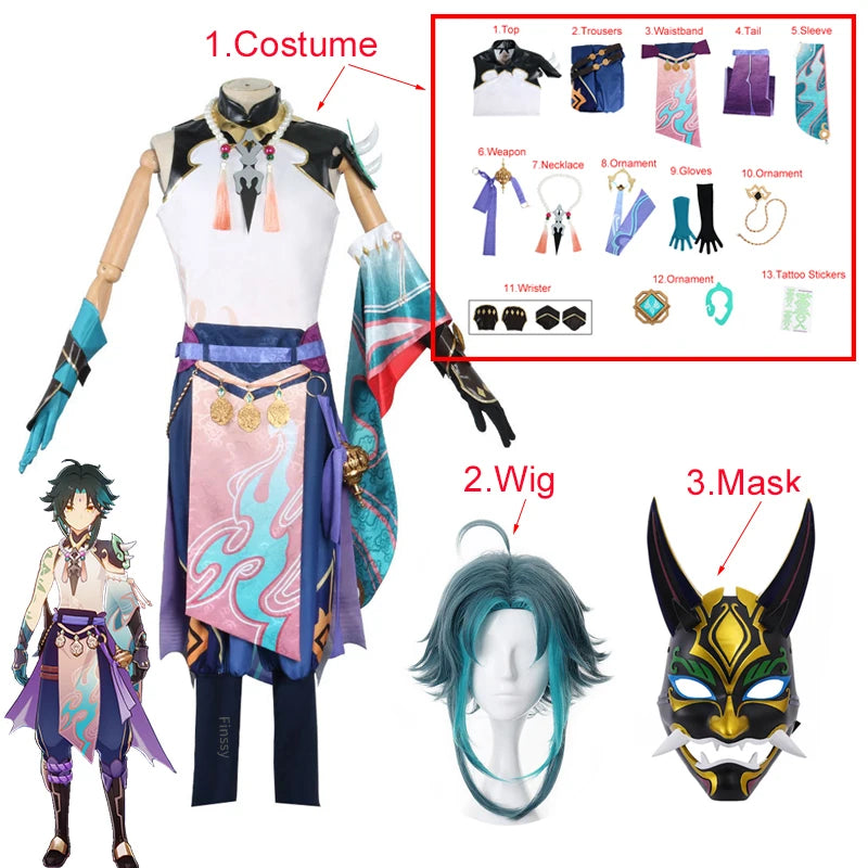 Genshin Impact Xiao Cosplay Costume Halloween Costumes Drôles pour Hommes Anime Cosplay Costume Perruque Masque