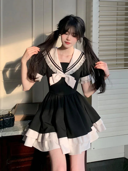 Schwarzes Kleid Damen Schleife Japanisches süßes Lolita-Kleid Damen Süße Spitze Puffärmel Studentenkleider Party Matrosenkragen Kawaii Kleid