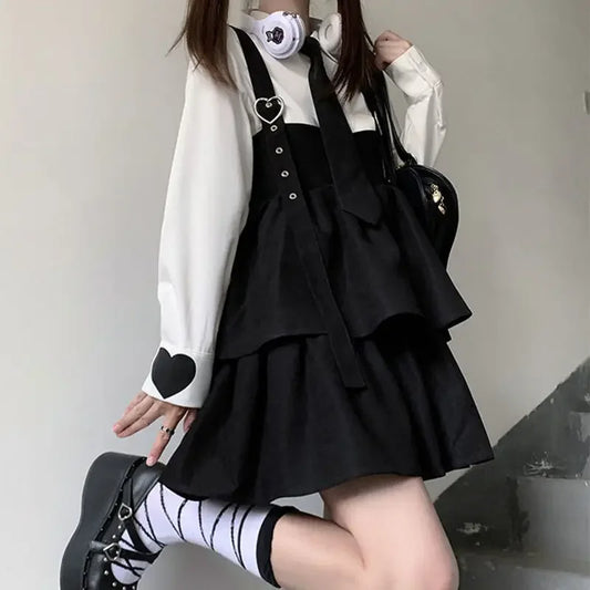 HOUZHOU Kawaii Robe Lolita Noire Femmes Volants Superposés Japonais Sans Manches Bretelles Mignon Mini Robe Style Preppy Robe D'été Scolaire