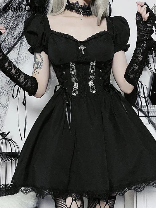 Robe mini gothique Lolita foncée pour femme, style grunge, style trapèze, bandage noir, corset, broderie, vêtements alternatifs, style gothique, Lolita Mall