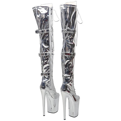 Leecabe  23CM/9inches Shiny PU  upper Sexy boots    Silver  electroplate High Heels Platform Pole Dance shoes