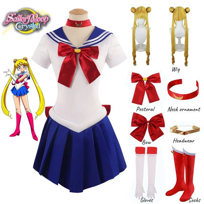 Costume de Cosplay pour adulte Sailor Moon Tsukino Usagi pour femme, ensemble de 7 pièces, robe de marin en cristal, perruque, accessoires, tenue uniforme pour Halloween