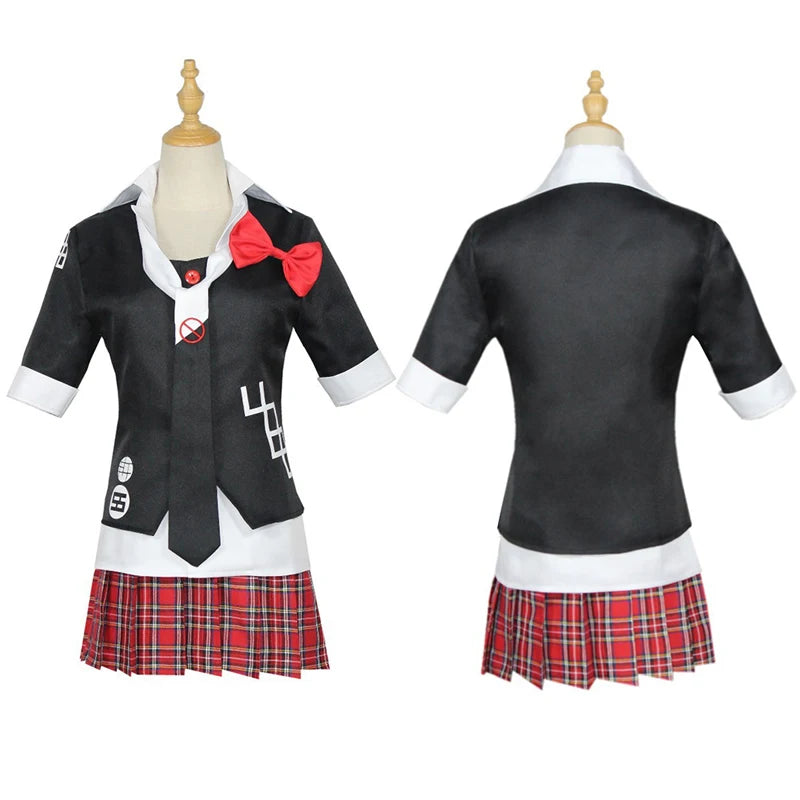 Anime Danganronpa Cosplay Kostüm Enoshima Junko Uniform Cafe Arbeitskleidung Kurzer Rock Doppelschwanz Zopfperücke