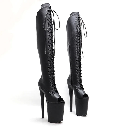 Leecabe 23CM/9 zoll matte PU obermaterial Sexy stiefel Offene spitze High Heels Plattform Pole Dance schuhe