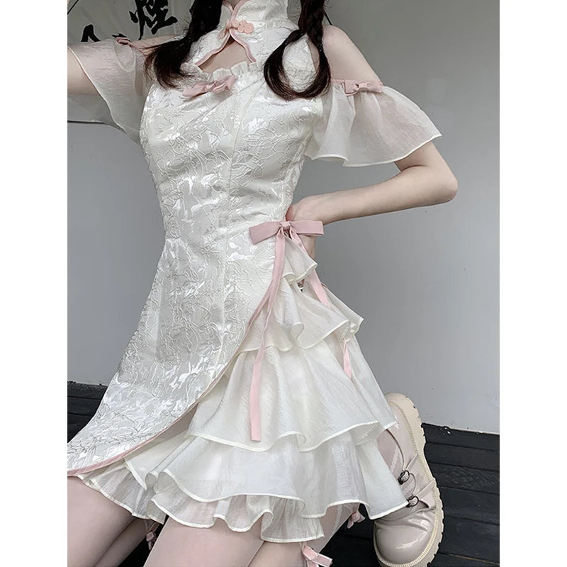 Kwawaii Women Dress Vintage Cheongsam Sweet Slim Y2K Lolita Gothic Girls Casual New Fashion Harajuku Sexy Aesthetic Female Dress