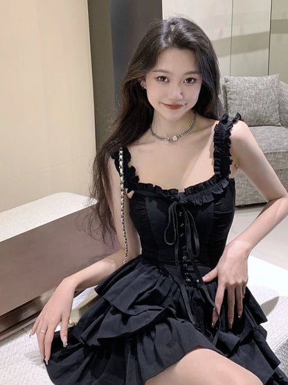 Jmprs Sexy Slip Lolita Style Black Dress Women Vintage Sleeveless Y2K Mini Dress Summer Slim Sweet Korean Lace Up Cake Dress New