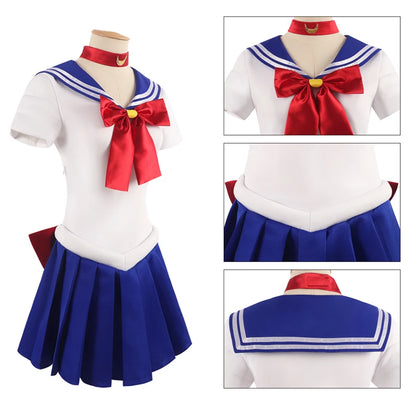 Costume de Cosplay pour adulte Sailor Moon Tsukino Usagi pour femme, ensemble de 7 pièces, robe de marin en cristal, perruque, accessoires, tenue uniforme pour Halloween