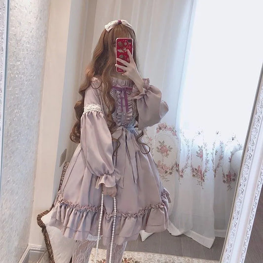 Alice im Wunderland, süßes Lolita-OP-Kleid für Damen, Volant, Spitzenbesatz, japanischer Harajuku, lange Ärmel, Puppenkleid für Teenager, Fee, Vestidos