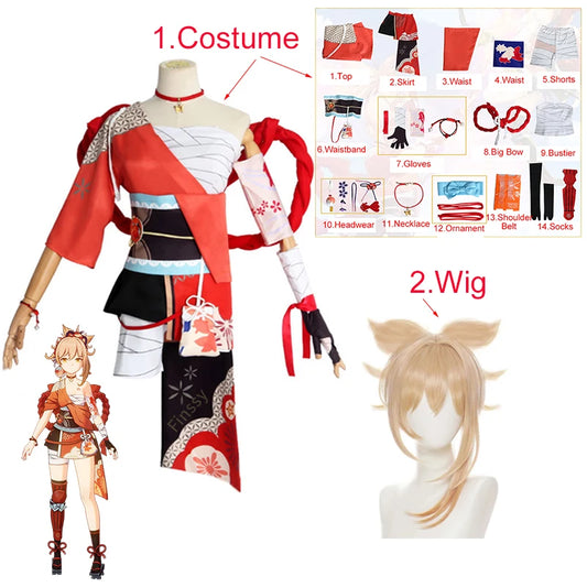 Genshin Impact Yoimiya Cosplay Costume Halloween Carnaval Fête Anime Cosplay Costume Accessoires Bijoux Perruque