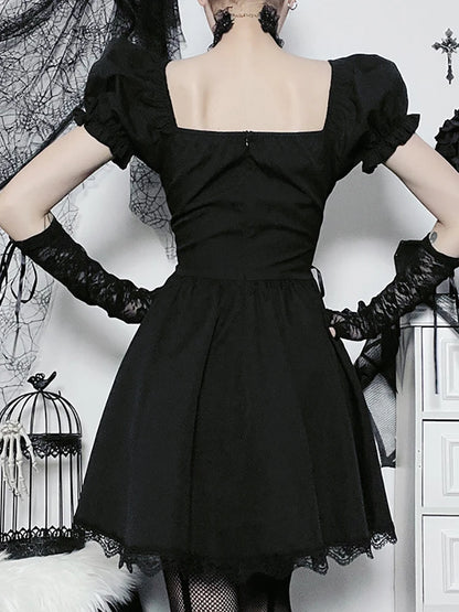 Robe mini gothique Lolita foncée pour femme, style grunge, style trapèze, bandage noir, corset, broderie, vêtements alternatifs, style gothique, Lolita Mall