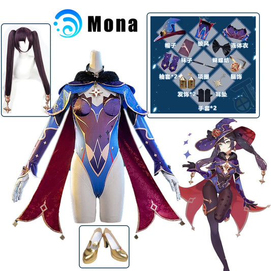 Anime Spiel Genshin Impact Cosplay Mona Kostüm Mädchen Frauen Mädchen Halloween Karneval Party Sexy Kleid Uniform Cosplay Perücke Outfit