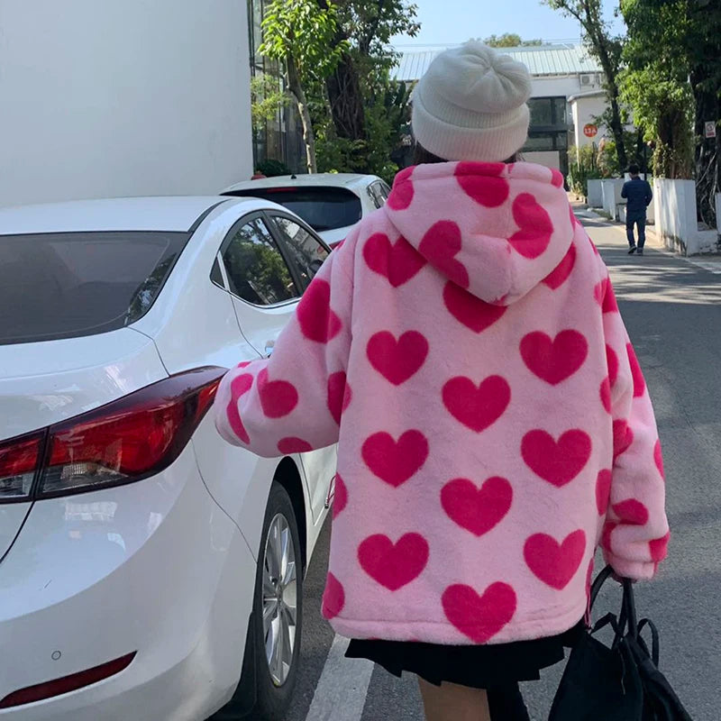 Veste en peluche imprimée en forme de cœur Harajuku pour femme, manteau d'hiver coréen à manches longues avec fermeture éclair et capuche, épais et chaud pour couple, streetwear